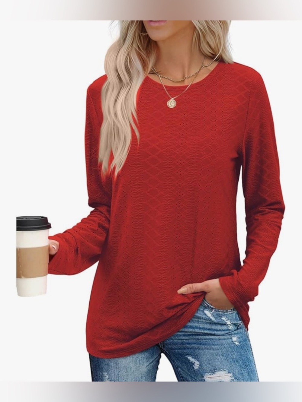 NWT- 3XL Women’s Red Long-Sleeve Textured Eyelet Crewneck Top